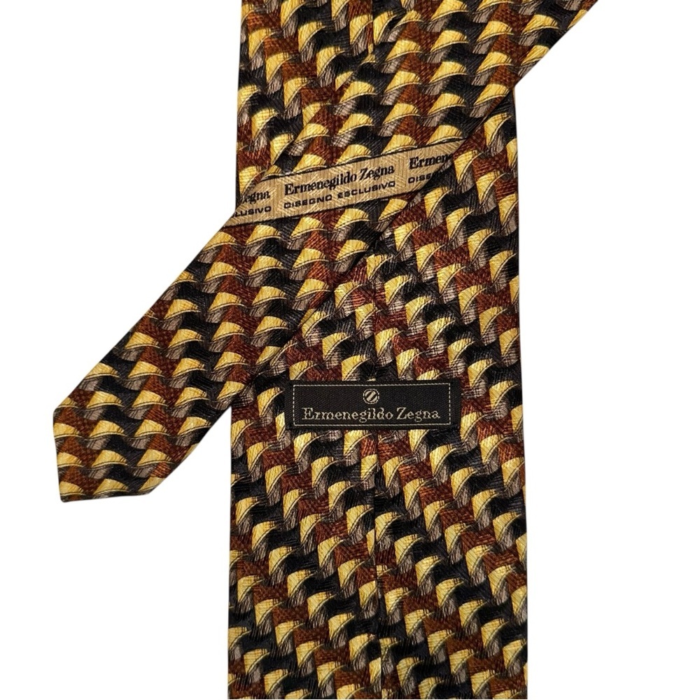 Ermenegildo Zegna Mens Tie Silk Gold Bronze Black Geometric 57x3.75” Italy
